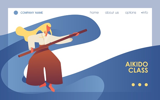 Aikido concept banner or landing page template with young woman with stick in hakama with long blonde hair