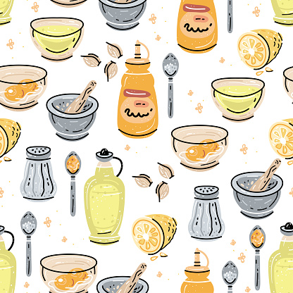 Aioli sauce seamless pattern with ingredients on white background