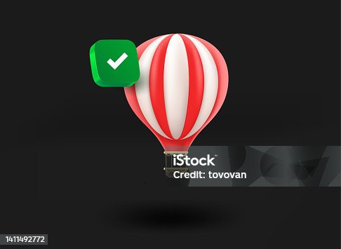 istock Air balloon with checkmark icon. 3d vector illustration 1411492772