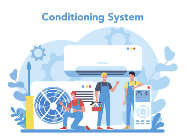 Air conditioning repair and instalation service concept. Repairman Air conditioning repair and instalation service concept. Repairman installing, examining and repairing conditioner with special tools and equipment. Isolated vector illustration repairing illustrations stock illustrations