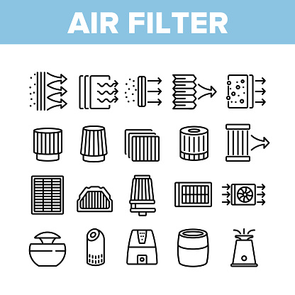 Air Filter And Airflow Collection Icons Set Vector. Car And Conditioner Air Filter Equipment, Domestic Device For Filtration Concept Linear Pictograms. Monochrome Contour Illustrations