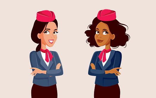 Air Hostesses Standing Together Greeting Passengers Vector Cartoon Illustration