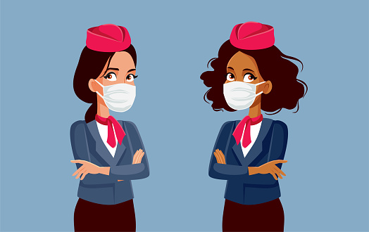 Air Hostesses Wearing Protective Face Masks Vector Illustration