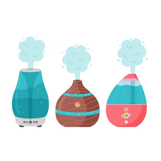 stockillustraties, clipart, cartoons en iconen met luchtbevochtigiger set - essential oils smell
