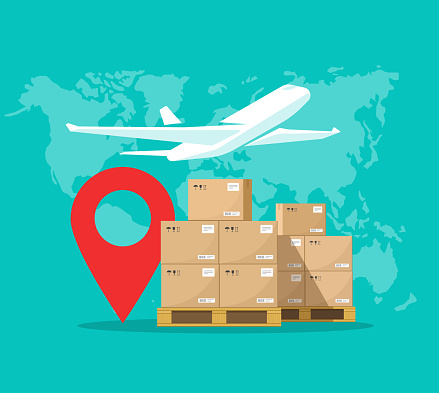 Air logistics cargo delivery global mail service by plane vector or aircraft freight airmail parcels packages world courier concept flat cartoon, airmail shipping transport tracking and export image