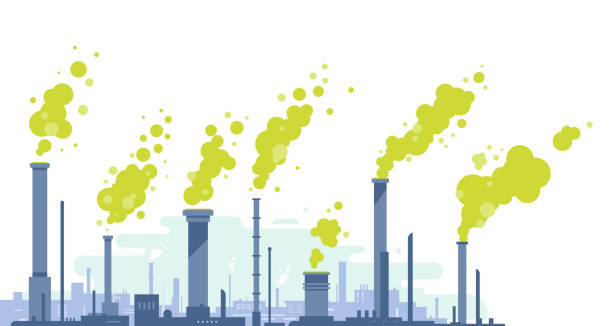 Air pollution from industrial pipes Industrial pipes with green toxic smoke in flat style isolated, silhouette of industrial zone with factories and pipes with harmful emissions of contaminated air, environmental pollution fumes stock illustrations