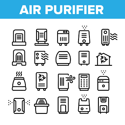 Air Purifier Devices Collection Icons Set Vector Thin Line. Electronic Appliance Air Purifier And Ionizer Concept Linear Pictograms. Ventilation Technology Monochrome Contour Illustrations