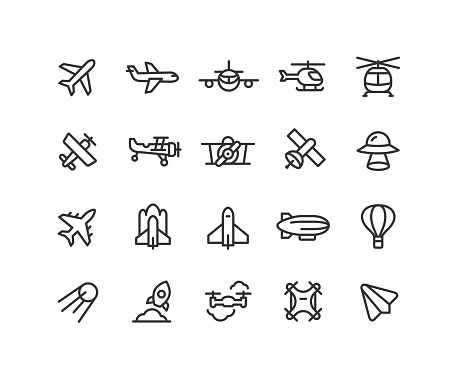 Set of air transport line vector icons. Editable stroke.