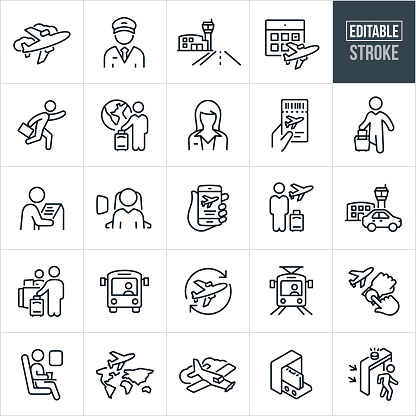 A set of air travel icons that include editable strokes or outlines using the EPS vector file. The icons include a passenger airplane, air travel, male pilot, female pilot, airport, calendar, person late to catch flight, traveler with luggage and globe, hand holding an airplane ticket, person pulling suitcase at airport, customer on kiosk at airport, person sitting in airplane seat next to window, smartphone with flight information, passenger with luggage, car at airport, passenger checking in at front desk of airport, bus, light rail, flight time, airplane flying over continents, single passenger airplane, briefcase going through metal detector on conveyor belt at airport, passenger passing through metal detector