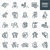 A set of air travel icons that include editable strokes or outlines using the EPS vector file. The icons include a passenger airplane, air travel, male pilot, female pilot, airport, calendar, person late to catch flight, traveler with luggage and globe, hand holding an airplane ticket, person pulling suitcase at airport, customer on kiosk at airport, person sitting in airplane seat next to window, smartphone with flight information, passenger with luggage, car at airport, passenger checking in at front desk of airport, bus, light rail, flight time, airplane flying over continents, single passenger airplane, briefcase going through metal detector on conveyor belt at airport, passenger passing through metal detector