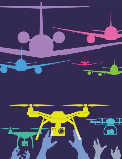 Aircraft and drones Colourful overlapping silhouettes of aircraft and drones. drone silhouettes stock illustrations