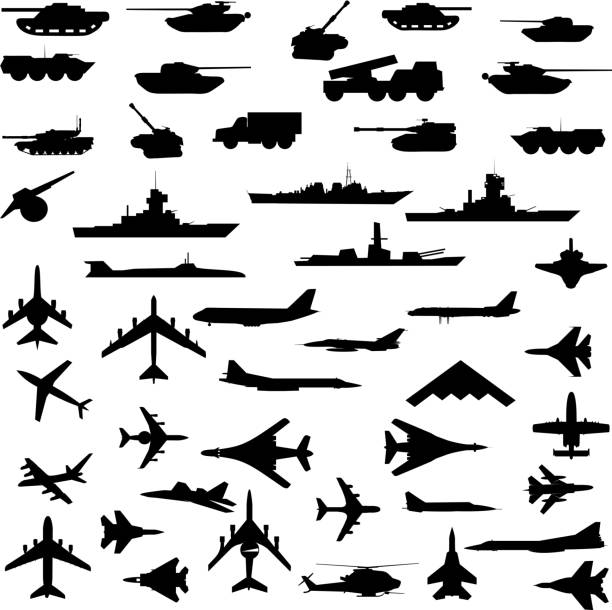 aircraft, armored ships and guns. Vector set of aircraft, armored ships and guns. military ship stock illustrations