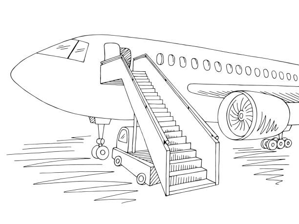 Aircraft exterior graphic black white sketch illustration vector Aircraft exterior graphic black white sketch illustration vector airport drawings stock illustrations
