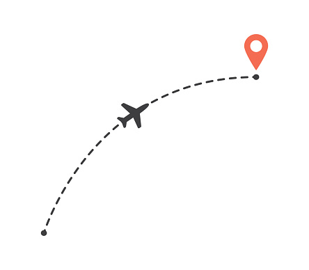 Aircraft flight a curved path to location mark. Plane route line. Tourism and travel illustration isolated on a white background.