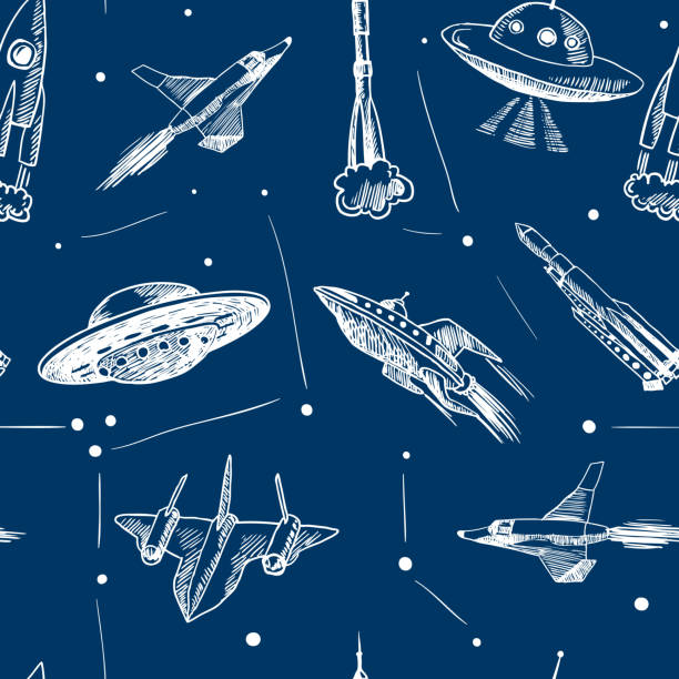 aircraft icons Space aircraft rocket and ufo flying in stars sketch seamless pattern vector illustration drawing of fighter planes stock illustrations