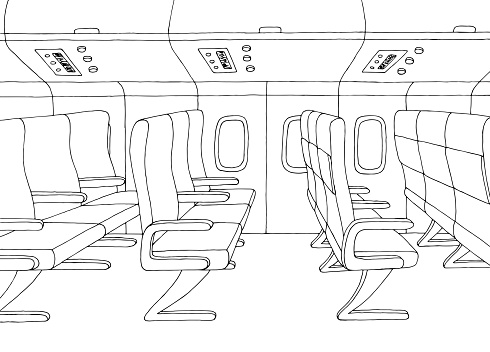 Aircraft interior graphic black white sketch illustration vector