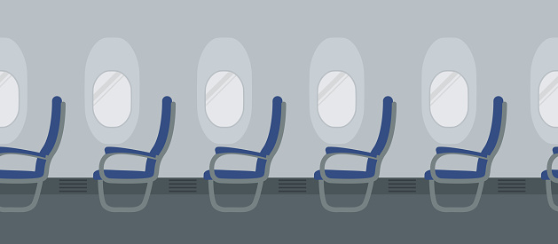 Aircraft interior with blue chairs on the portholes background