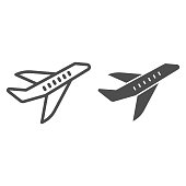 Aircraft line and solid icon, transport concept, flying plane sign on white background, airplane silhouette icon in outline style for mobile concept and web design. Vector graphics