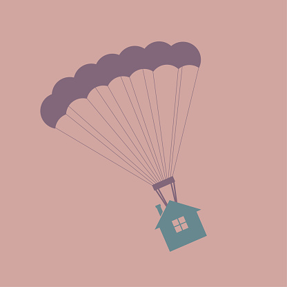 Airdrop houses use parachutes. Isolated on brown background.