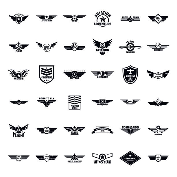 Airforce army badge logo icons set, simple style Airforce military army badge logo icons set. Simple illustration of 36 airforce military army badge logo vector icons for web military symbols stock illustrations