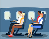 Vector illustration of airline passengers on the plane. Flat style design.