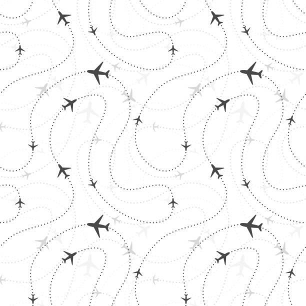 Airline routes with planes on white Airline routes with planes icons on white, seamless pattern airplane designs stock illustrations