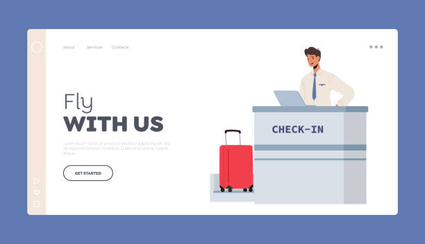 ilustrações de stock, clip art, desenhos animados e ícones de airline travel service landing page template. man officer at check-in counter desk with laptop and baggage in airport - airport lounge business