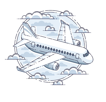 Airlines air travel emblem or illustration with plane airliner and round shape. Beautiful thin line vector isolated over white background.