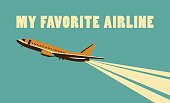 Vector illustration Card in retro style and colors on the subject of aviation and the airlines of the country, soaring in the sky plane