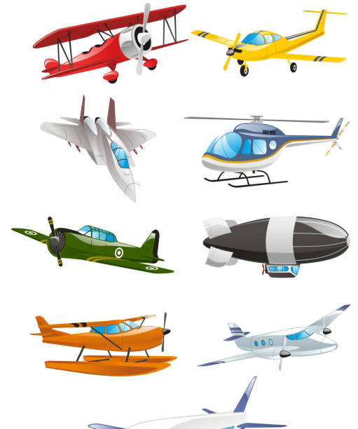 ilustraciones, imágenes clip art, dibujos animados e iconos de stock de avión avión avión airbus airship monoplane biplano collection - private plane