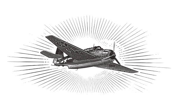 WW2 Airplane. Avenger Dive Bomber Engraving illustration of a WW2 Airplane, the Avenger Dive Bomber. Flying in clouds. torpedo weapon stock illustrations