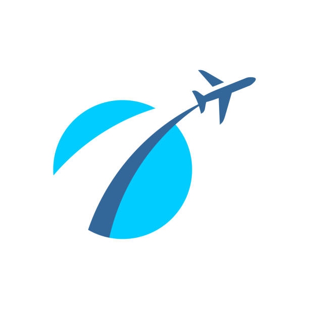 ilustrações de stock, clip art, desenhos animados e ícones de airplane fly out logo. plane taking off stylized sign. - plane