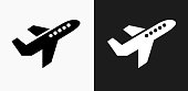 Airplane Icon on Black and White Vector Backgrounds. This vector illustration includes two variations of the icon one in black on a light background on the left and another version in white on a dark background positioned on the right. The vector icon is simple yet elegant and can be used in a variety of ways including website or mobile application icon. This royalty free image is 100% vector based and all design elements can be scaled to any size.