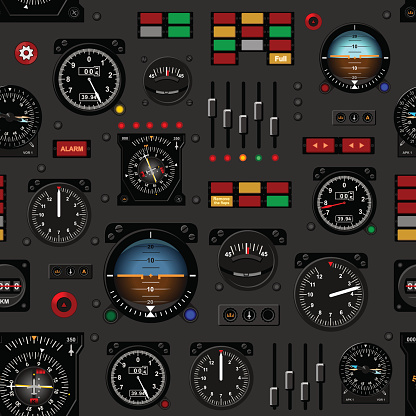 Airplane instrument panel. Aircraft dashboard. Creative seamless pattern, Realistic wallpaper.