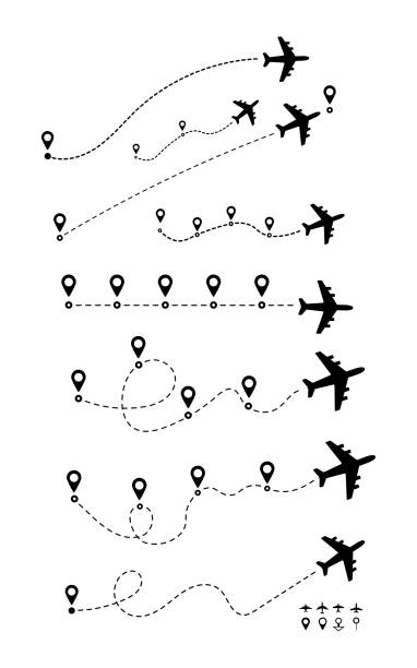 Airplane line path travel line icon set. Vector vector art illustration