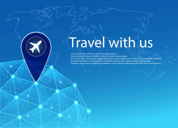 낮은 폴리 와이어프레임 배경의 비행기 맵 포인터입니다. 전 세계 여행 컨셉. - business travel stock illustrations