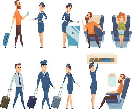 Airplane passengers. Stewardess in uniform boarding airplane safety vector cartoon characters