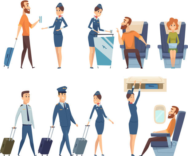 ilustrações, clipart, desenhos animados e ícones de passageiros de avião. stewardess no avião uniforme do embarque segurança dos desenhos animados - aeromoça