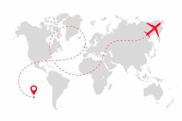 uçak yolu dünya haritası üzerinde noktalı çizgi şeklinde. dünya ile uçağın rota harita izole üzerinde beyaz arka plan - seyahat noktaları illüstrasyonları stock illustrations