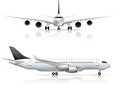 Large passenger jet airliner front and side airplane view realistic set white background reflection isolated vector illustration