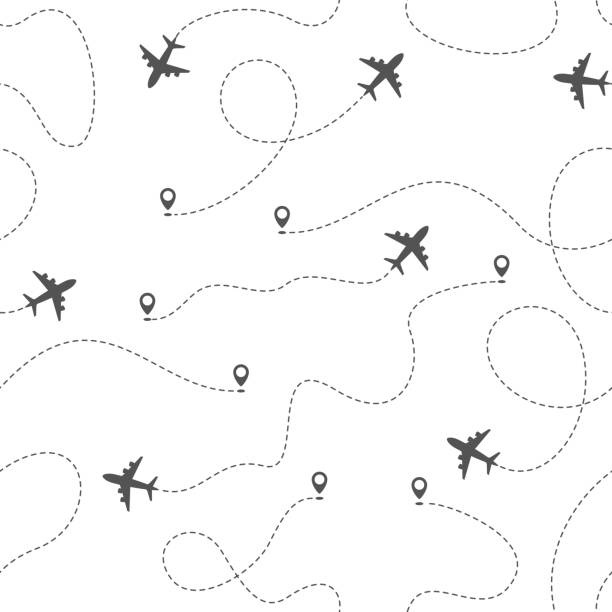 Airplane routes with dotted line, seamless pattern Airplane routes with dotted line, seamless pattern airplane backgrounds stock illustrations