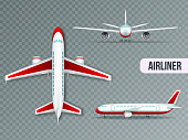 Wide body large civil jet airliner top front and side views realistic images set transparent vector illustration