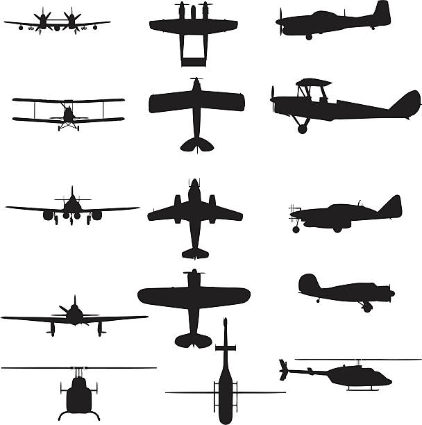 Airplane silhouette collection (vector+jpg) A collection of silhouettes containing various airplanes and helicopters drawing of fighter planes stock illustrations