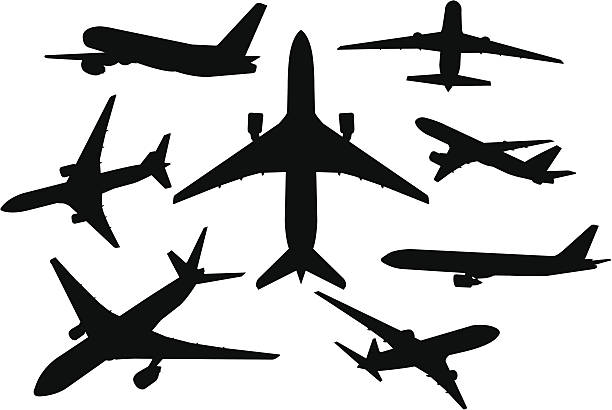 Airplane silhouette set Airplane (Boeing 777) silhouette collection in different angles. airplane silhouettes stock illustrations