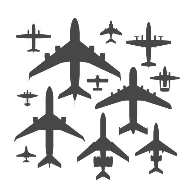 Airplane silhouette vector illustration top view plane and aircraft transportation travel way design journey object Airplane silhouette vector illustration plane top view passenger trip and aircraft transportation travel way to vacation sky design journey international plane . Commercial tour speed aviation. airplane silhouettes stock illustrations