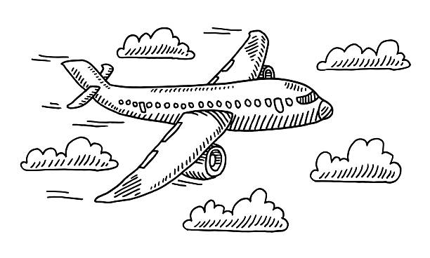Airplane Sky Clouds Drawing Hand-drawn vector drawing of an Airplane in the Sky and Clouds. Black-and-White sketch on a transparent background (.eps-file). Included files are EPS (v10) and Hi-Res JPG. airplane drawings stock illustrations