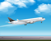 Large modern passenger airliner jet takeoff realistic air transportation services advertisement poster blue sky background vector illustration