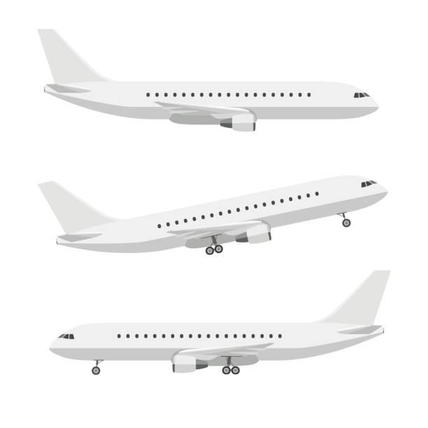 Airplane Plane in flat style. Vector side view of airplanes. airplane stock illustrations