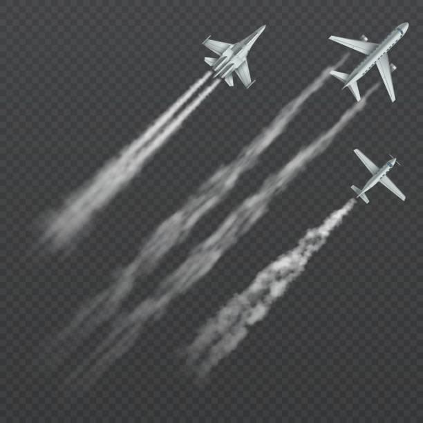 Airplanes and military fighters with condensation smoky trail isolated vector collection Airplanes and military fighters with condensation smoky trail isolated vector collection. Aviation aircraft flight, fighter in sky illustration airshow stock illustrations