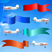 Aerial advertising airplanes parade flying giant colorful flags banners ads behind against blue sky realistic vector illustration